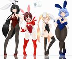  4girls ahoge animal_ears between_breasts black_hair black_legwear blonde_hair blue_eyes blue_hair blush boots bow bowtie breasts bunny_ears bunny_tail bunnysuit clothes_between_breasts collar detached_collar fake_animal_ears female fishnet_legwear fishnets flat_chest frown gloves hair_ornament hair_ribbon hand_on_hip highres hips huge_breasts inaka_keikou legs long_hair multiple_girls necktie open_mouth original pantyhose red_eyes red_hair reflection ribbon saku-bi_aiko saku_hinoko sho_yayoi short_hair simple_background smile standing tail thigh_boots thighhighs thighs twintails v very_long_hair white_background wide_hips wrist_cuffs yellow_eyes 