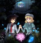  blonde_hair blue_eyes brown_eyes bug butterfly dress dress_shirt earth flower grey_eyes hat holding_hands insect interlocked_fingers leaf long_hair maribel_hearn multiple_girls necktie plant shirt skirt smile touhou trojan_green_asteroid tsuyadashi_shuuji usami_renko 