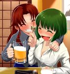  alcohol araragi_yuuichi architecture arm_around_neck beer beer_mug blush breasts cleavage closed_eyes cup dress_shirt drunk east_asian_architecture food green_hair grin highres holding holding_cup idolmaster idolmaster_(classic) idolmaster_dearly_stars long_hair medium_breasts multiple_girls open_mouth otonashi_kotori ozaki_reiko pinstripe_pattern plate red_hair restaurant shirt short_hair skewer smile striped table unbuttoned 
