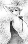  arms_up backless_dress backless_outfit bad_id bad_pixiv_id bare_back bishoujo_senshi_sailor_moon black_dress dress formal from_side greyscale hands_on_own_head highres monochrome pale_skin saritamin short_hair solo tattoo ten'ou_haruka very_short_hair 