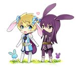  animal_ears armor belt blonde_hair blue_eyes boots bow bunny_ears chibi coat flynn_scifo full_body hair_bow kemonomimi_mode knee_boots long_hair male_focus motoko_(ambiy) multiple_boys pants purple_eyes purple_hair smile surcoat tales_of_(series) tales_of_vesperia white_background yuri_lowell 