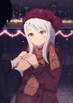  beanie coat eve_santaclaus hat idolmaster idolmaster_cinderella_girls knj scarf white_hair winter_clothes yellow_eyes 