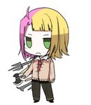  axe blonde_hair brown_hair chibi commentary erubo green_eyes lowres male_focus multicolored_hair original pants pink_hair polearm purple_hair school_uniform simple_background solo sword theodor_bachstein trident weapon white_background 