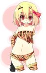  animal_print arms_behind_back blonde_hair club cowboy_shot cropped_legs cutoffs fang horns kanabou navel oni red_eyes rumia shamo_(koumakantv) short_hair shorts solo spiked_club thighhighs tiger_print touhou weapon 