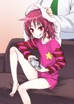  1girl :q accel_world alternate_hairstyle arita_haruyuki bad_id bad_pixiv_id bangs barefoot blush bottomless child controller couch drying drying_hair fat fat_man feet feet_on_chair flat_chest freckles game_controller gamepad hair_down head_out_of_frame holding indoors kouzuki_yuniko leg_up legs long_legs long_sleeves matsuryuu naked_shirt necktie petite pink_hair playing_games plump profile red_eyes shirt short_hair sitting slim_legs standing star star_print striped striped_shirt toe_scrunch tongue tongue_out towel towel_on_head v-shaped_eyebrows wet wet_hair 