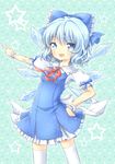  blue_background blue_eyes blue_hair blue_skirt bow cirno hair_bow hand_on_hip ice ice_wings looking_at_viewer mimi_(mimi_puru) open_mouth outstretched_arm puffy_sleeves shirt short_sleeves skirt smile solo star thighhighs touhou v white_legwear wings wrist_cuffs zettai_ryouiki 