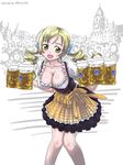  2012 alcohol beer blonde_hair blush breasts cleavage covered_nipples dated dirndl drill_hair german_clothes germany highres kimishin large_breasts long_hair mahou_shoujo_madoka_magica oktoberfest open_mouth smile solo tomoe_mami underbust yellow_eyes 