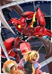  1girl andvari_(mecha) angry bartholomew_fatima blonde_hair blue_eyes brown_hair carrying closed_eyes hat highres long_hair marguerite_fatima mecha open_mouth orange_hat short_hair teeth urara_(urara-nya) xenogears 