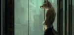 2019 5_fingers anthro black_nose brown_fur brown_hair canine city clothed clothing coyote detailed_background ear_piercing fur hair male mammal nomax piercing solo standing topless window 