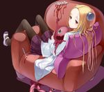  blonde_hair blood bolt chair franken_fran green_eyes highres long_hair madaraki_fran monster necolab pantyhose pillow red_eyes scalpel shoe_dangle shoes skirt solo stitches tears uwabaki 