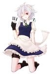  apron bad_id bad_pixiv_id black_gloves blue_skirt braid gloves hair_ribbon holster honotai izayoi_sakuya kneeling knife licking_lips maid maid_headdress one_eye_closed puffy_sleeves red_eyes ribbon shirt short_hair short_sleeves silver_hair simple_background skirt solo thigh_holster tongue tongue_out touhou twin_braids waist_apron white_background 