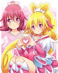  aida_mana bad_id bad_pixiv_id blonde_hair boots bow choker cure_heart curly_hair dokidoki!_precure dual_persona earrings flipped_hair hair_ornament hairpin half_updo heart heart_hands heart_hands_duo jewelry long_hair magical_girl pink pink_background pink_bow pink_eyes pink_footwear pink_hair pink_sleeves ponytail precure ribbon shinekalta short_hair skirt smile 