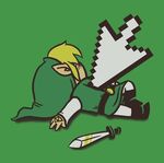  &gt; arrowed belt blonde_hair boots clothing cursor death elf footwear green_background hair hat headgear human humor hylian link looking_away lying male mammal meta nintendo parody pixel plain_background pointy_ears shadow short_hair skirt stab stocking_cap sword the_legend_of_zelda triforce tunic unknown_artist video_games weapon 