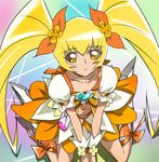  blonde_hair bow cure_sunshine from_above haruyama_kazunori heart heartcatch_precure! long_hair looking_at_viewer magical_girl midriff myoudouin_itsuki navel orange_bow precure sitting skirt solo twintails wariza yellow_bow yellow_eyes 