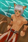  animal_ears anthro boat cat_ears clothed clothing feline final_fantasy final_fantasy_xi hair half-dressed male mammal mithra muscles nipples pecs piercing reclining short short_hair sitting solo toony topless unknown_artist video_games water 