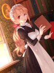  blonde_hair blush book bookshelf glasses holding holding_book hsmoji indoors long_hair long_sleeves maid original pince-nez ponytail portrait_(object) puffy_long_sleeves puffy_sleeves red_eyes solo standing victorian_maid wallpaper_(object) window 