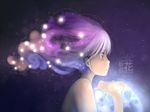  bare_shoulders light_particles long_hair orb original purple_eyes purple_hair sabaku_no_hana signature simple_background solo star 