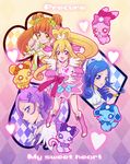  aida_mana argyle argyle_background arm_warmers blonde_hair blue_eyes blue_hair boots bow bracelet brown_eyes brown_hair choker club_(shape) creature cure_diamond cure_heart cure_rosetta cure_sword curly_hair davi_(dokidoki!_precure) diamond_(shape) dokidoki!_precure double_bun earrings eyelashes flower gradient gradient_background green_choker hair_flower hair_ornament hair_ribbon hairpin half_updo heart heart_hands hishikawa_rikka hyt178 jewelry kenzaki_makoto knee_boots long_hair magical_girl multiple_girls pink_background pink_bow pink_eyes pink_footwear pink_sleeves ponytail precure purple_background purple_choker purple_eyes purple_hair rakeru_(dokidoki!_precure) rance_(dokidoki!_precure) ribbon sharuru_(dokidoki!_precure) short_hair skirt smile spade_(shape) spade_hair_ornament twintails wrist_cuffs yellow_background yotsuba_alice 