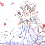  back_bow bare_shoulders bishoujo_senshi_sailor_moon bow closed_eyes double_bun dress earrings flower jewelry long_hair lowres petals princess_serenity puffy_sleeves red_flower red_rose rose rose_petals shirataki_kaiseki smile solo strapless strapless_dress tsukino_usagi twintails white white_background white_dress white_hair 