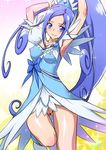  armpits arms_up blue_bow blue_eyes blue_hair bottomless bow breasts choker covered_nipples cure_diamond dokidoki!_precure eyelashes hishikawa_rikka joy_ride long_hair looking_at_viewer magical_girl medium_breasts open_mouth ponytail precure pussy smile solo 