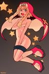  1boy arc_system_works artist_name bare_shoulders bike_shorts blonde_hair blush bridget_(guilty_gear) covering cross grey_background guilty_gear habit jumping looking_at_viewer male male_focus navel nude nun open_mouth payot pink_eyes shoes short_hair sidelocks simple_background socks solo star suparu_(detteiu) trap 