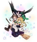  apron bird_wings black_wings blonde_hair boots bow braid broom broom_riding brown_hair commentary_request flying hair_bow hand_on_headwear hat hat_bow headwear_switch highres kirisame_marisa long_hair looking_at_viewer multiple_girls open_mouth red_eyes reiuji_utsuho shirt short_sleeves skirt skirt_set smile star third_eye touhou toutenkou waist_apron wings witch witch_hat yellow_eyes 