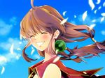  blue_background brown_hair closed_eyes face grin hairband kimijima_(kimijima0301) lilka_eleniak long_hair low-tied_long_hair smile solo wild_arms wild_arms_2 yellow_hairband 