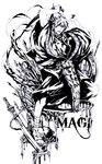  angry anyueh chain highres magi_the_labyrinth_of_magic male_focus monochrome open_mouth sharrkan solo sword weapon 