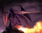  ambiguous_gender blue_eyes dragon fire night outside purple_body rudragon solo stars wings 