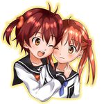  bad_id bad_pixiv_id blush brown_eyes brown_hair cheek-to-cheek hair_bobbles hair_ornament hug isshiki_akane isshiki_momo megutas multiple_girls national_shin_ooshima_school_uniform one_eye_closed open_mouth pink_hair school_uniform short_hair siblings sisters smile twintails vividred_operation 