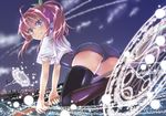  black_legwear blue_eyes broom flying gojou_kurota hair_ribbon long_hair looking_at_viewer magic_circle original purple_hair ribbon shiny shiny_clothes solo thighhighs 