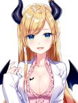  1girl :d bangs blonde_hair blush breasts cleavage coat collarbone commentary_request demon_girl demon_horns demon_wings eyebrows_visible_through_hair frilled_shirt frills green_eyes hand_up hololive horns large_breasts long_hair long_sleeves looking_at_viewer masuishi_kinoto official_art open_clothes open_coat open_mouth pink_shirt pointy_ears shiny shiny_hair shirt sidelocks simple_background sleeves_past_wrists smile solo swept_bangs tattoo upper_body virtual_youtuber white_background white_coat wing_collar wings yuzuki_choco 