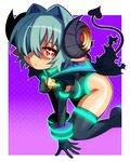  1girl all_fours arcana_trust bad_id bad_pixiv_id demon_horns demon_tail elbow_gloves gloves gradient gradient_background green_hair horns jitsudan kneeling looking_at_viewer red_eyes shinrabanshou short_hair solo tail 
