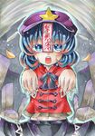  bad_id bad_pixiv_id blouse blue_eyes blue_hair fang fingernails grey_background hat looking_at_viewer marker_(medium) millipen_(medium) miyako_yoshika navel ofuda open_mouth outstretched_arms ponpoko short_sleeves skirt solo star tombstone touhou traditional_media zombie_pose 