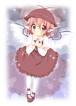  animal_ears ankle_wings ascot bad_id bad_pixiv_id blush brown_dress dress hat juliet_sleeves long_sleeves looking_at_viewer mystia_lorelei oniku_(shimofuri-ke) pantyhose pink_eyes pink_hair puffy_sleeves solo sparkle touhou white_legwear wings zoom_layer 