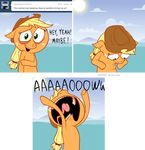  ask_jappleack blonde_hair cowboy_hat dialog english_text equine female feral friendship_is_magic green_eyes hair hat horse hotdiggedydemon humor looking_at_viewer mammal my_little_pony open_mouth outside pony sad text tumblr 