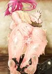  1girl against_wall anus ass barefoot bent_over blush bottomless breasts chains cum feet from_behind jeibii kneeling looking_back magi_the_labyrinth_of_magic morgiana nipples open_mouth pink_eyes pink_hair pubic_hair pussy side_ponytail soles solo spread_ass thighs toes uncensored 