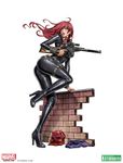  1girl ass black_widow black_widow_(marvel) boots brick_wall copyright_name full_body green_eyes gun high_heels highres kotobukiya long_hair looking_back marvel mask natasha_romanoff red_hair rifle shoes simple_background skin_tight sniper_rifle solo vss_vintorez weapon yamashita_shun&#039;ya yamashita_shun'ya 