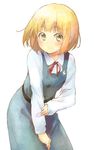  blonde_hair blush dress green_eyes holding_arm leaning_forward long_sleeves school_uniform short_hair smile solo tamako_market tokiwa_midori watarai_keiji 