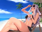  beach bikini blue_hawaii blush breasts chair cleavage cloud crossed_legs day drinking drinking_straw hairband idolmaster idolmaster_(classic) kedama_keito large_breasts looking_at_viewer lounge_chair md5_mismatch navel outdoors palm_tree purple_eyes shijou_takane silver_hair sitting solo sunglasses swimsuit tree tropical_drink umbrella 
