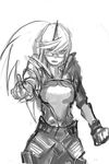  armor breastplate cosplay faulds final_fantasy final_fantasy_xii full_armor glasses greyscale horn judge kneesocks_(psg) long_hair monochrome noth panty_&amp;_stocking_with_garterbelt pointing pointing_at_viewer ponytail solo 