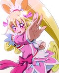  aida_mana arm_warmers big_hair bike_shorts blonde_hair bow clenched_hand cure_heart curly_hair dokidoki!_precure eyelashes half_updo henshin kamen_rider kamen_rider_blade_(series) long_hair magical_girl outstretched_hand parody pink_bow pink_eyes pink_sleeves ponytail pose precure ribbon shorts shorts_under_skirt skirt smile solo tj-type1 white_background 