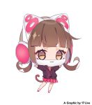  1girl :3 animal_ears bangs big_head blunt_bangs brown_eyes brown_hair brown_jacket cat_ear_headphones cat_ears cat_girl cat_tail chano_hinano chibi copyright_request double_v eyebrows_visible_through_hair full_body headphones highres jacket long_hair official_art outstretched_arms pink_footwear pink_skirt pleated_skirt simple_background skirt socks solo spread_arms tail v v-shaped_eyebrows white_background white_legwear 