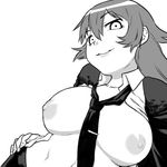  areolae breasts breasts_apart character_request copyright_request greyscale hand_on_hip jacket large_breasts lips long_hair looking_at_viewer looking_down monochrome necktie nipples open_clothes open_jacket open_shirt plump shirt solo tsukudani_(coke-buta) 