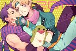  bad_id bad_pixiv_id blonde_hair caesar_anthonio_zeppeli facial_mark fingerless_gloves gloves green_eyes green_jacket hand_puppet happy_new_year jacket jojo_no_kimyou_na_bouken joseph_joestar_(young) kuchiyahaku midriff multiple_boys new_year puppet purple_hair scarf yellow_eyes 