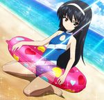  bangs barefoot beach black_hair blue_swimsuit blush brown_eyes cloud covered_navel day dutch_angle flat_chest girls_und_panzer hairband halterneck highres innertube light_rays long_hair ocean one-piece_swimsuit outdoors print_swimsuit radeon-hd5770x2 reizei_mako screencap sitting sky solo sparkle sunbeam sunlight swimsuit wariza water 