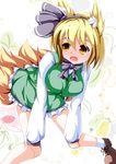  animal_ears bent_over blonde_hair bow breasts cosplay fox_ears fox_tail hair_ribbon konpaku_youmu konpaku_youmu_(cosplay) large_breasts long_sleeves merry_(diameri) open_mouth ribbon shirt short_hair skirt skirt_set solo tail touhou vest yakumo_ran yellow_eyes 