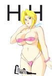  1girl bikini blonde_hair breasts chubby cleavage dead_or_alive green_eyes helena_douglas highres large_breasts long_hair micr_bikini micro_bikini plump rippadou simple_background skindentation solo swimsuit tecmo 