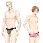  ahoge axis_powers_hetalia blonde_hair blue_eyes briefs brown_hair bulge edging_briefs germany_(hetalia) grey_briefs kozakurasho male_focus multiple_boys northern_italy_(hetalia) pink_briefs shirtless smile underwear yellow_eyes 