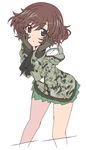  akiyama_yukari bangs bare_legs black_gloves blouse brown_eyes brown_hair camouflage cowboy_shot cropped_legs girls_und_panzer gloves green_skirt hands_on_own_face jacket long_sleeves looking_at_viewer messy_hair miniskirt mizuki_makoto neckerchief ooarai_school_uniform pleated_skirt school_uniform serafuku short_hair simple_background skirt solo white_background white_blouse 